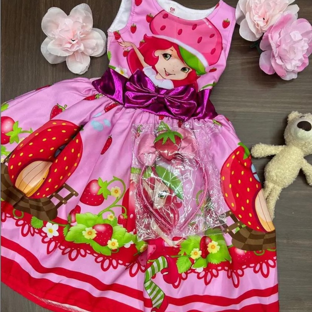 Pink Strawberry Shortcake Dress with Purple Bow